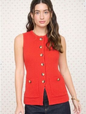 New Red Sleeveless Split Hem Detail Knit Vest Sm Med Lg